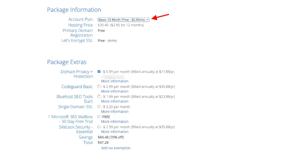 Choose your Bluehost package information